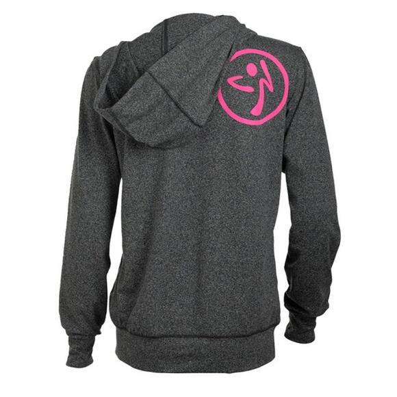 ZUMBA Elegance Full Zip Logo Hoodie Gray Pink Kangaroo Pocket Womens Small - Picture 9 of 9
